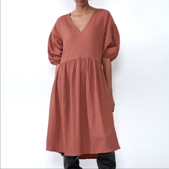 Zara Dresses & Skirts - Zara | Voluminous Textured Weave Dress V Neck S